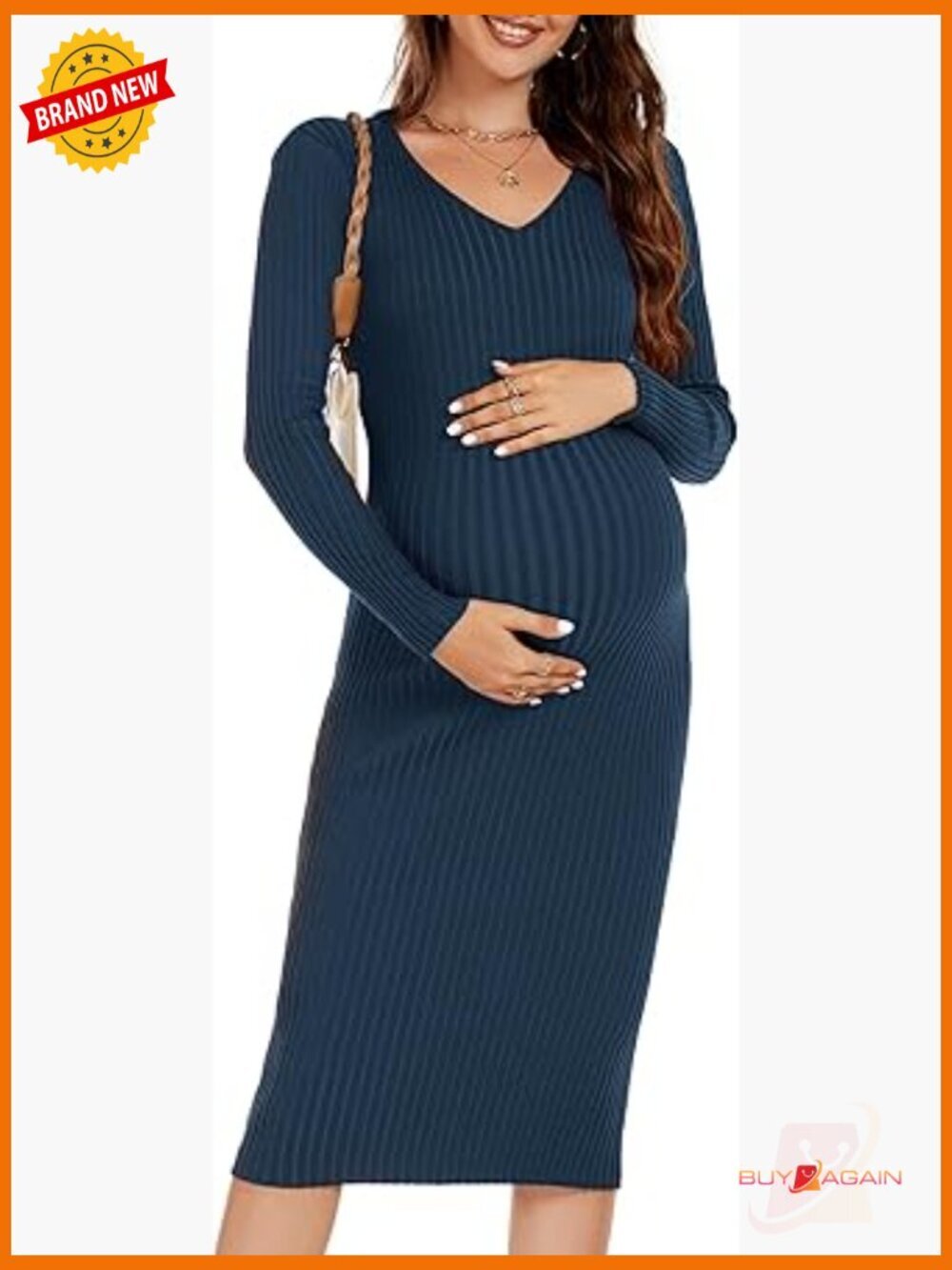 Maternity Long Sleeve V-Neck Knit Bodycon Dress for Photoshoot Baby Shower